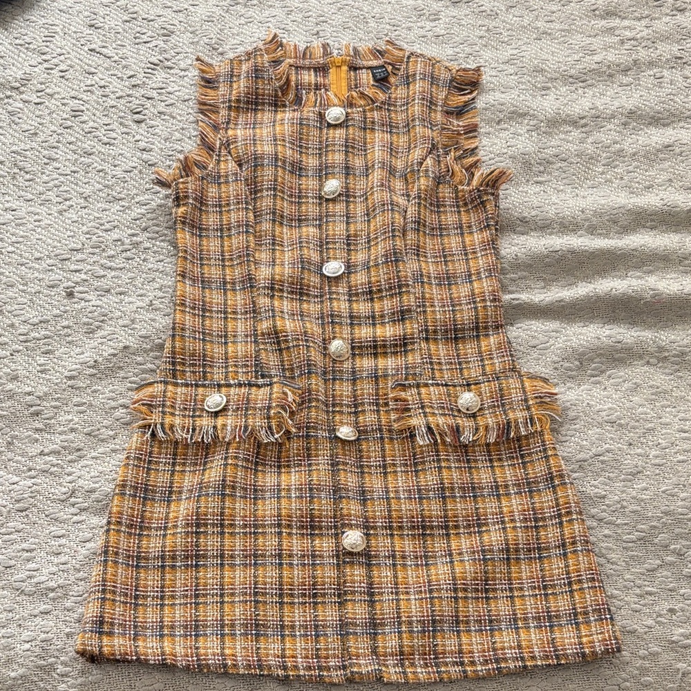 SHEIN Mustard Plaid Fringe Button-Front Girls Dress
